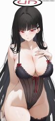 1girl absurdres alternate_costume black_hair black_leotard black_thighhighs blue_archive breasts bright_pupils cleavage commentary cowboy_shot english_commentary fingernails groin hair_ornament hairclip halo hand_on_own_chest highleg highleg_leotard highres holding id_card kana_yukino large_breasts legs_together leotard long_fingernails long_hair looking_at_viewer parted_lips patreon_username red_eyes rio_(blue_archive) simple_background solo standing sweat teeth thighhighs very_long_hair white_background white_pupils