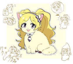 animal animal_ear_fluff animal_focus animalization banana_costume blonde_hair border cat commentary_request detached_collar eating emily_stewart fluffy_hair full_body idolmaster idolmaster_million_live! korean_commentary long_hair looking_at_viewer millcookie_pro multiple_views necktie no_humans open_mouth parted_bangs purple_eyes simple_background sitting smile whiskers white_border yellow_background