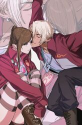 1boy 1girl :i :o ace_attorney ace_attorney_investigations aged_down airplane_arms alternate_costume amikoiiko ankle_boots apollo_justice:_ace_attorney badge blonde_hair blue_eyes blue_shirt blush boots brown_boots brown_hair brown_pants brown_shorts brown_thighhighs button_badge chain chain_necklace closed_eyes collarbone crossed_ankles dark-skinned_male dark_skin ema_skye eyewear_hang fingernails half_updo highres holding_own_wrist horizontal-striped_thighhighs initial jacket jewelry klavier_gavin lace-up_boots light_smile long_hair long_sleeves looking_at_another mismatched_eyebrows multicolored_jacket necklace open_clothes open_jacket outstretched_arms pants pink-tinted_eyewear pink_thighhighs pleated_pants red_jacket round_eyewear shirt short_hair shorts sitting sleeves_past_wrists smile spread_arms sternocleidomastoid_muscle sunglasses thighhighs tinted_eyewear two-tone_jacket unworn_eyewear white-framed_eyewear white_jacket zoom_layer
