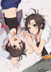 Rule 34 | 10s, 2girls, :d, black hair, blush, clone, dual persona, holding hands, idolmaster, idolmaster (classic), idolmaster 2, jacket, kikuchi makoto, lying, messy hair, midriff, multiple girls, navel, open clothes, open mouth, petals, rotational symmetry, short hair, smile, spaghetti strap, sports bra, time paradox, upside-down, yachiwo