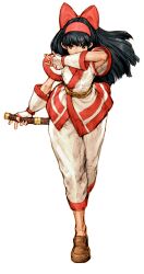 1girl absurdres ainu ainu_clothes black_hair bow capcom_vs_snk_2 covering_face detached_sleeves game_cg hair_bow hairband hand_up highres huge_bow kodachi long_hair looking_at_viewer nakoruru nishimura_kinu non-web_source official_art red_hairband reverse_grip samurai_spirits short_sword simple_background solo sword walking weapon white_background