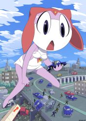 3girls 6+girls alien animal barefoot black_shoes blue_jacket blue_pants bra brown_jacket brown_pants brown_shoes building car car_crash church cloud colored_skin dangerking11 destruction flying_sweatdrops frog giant giantess grass green_skin green_skirt hat heart heart_print highway holding jacket keroro keroro_gunsou long_sleeves looking_down motor_vehicle multiple_girls o_o open_clothes open_jacket open_mouth panties pants pavement pink_hat pink_skin police_car print_hat purple_eyes pururu road rubble running semi_truck shirt shoes skirt sky standing star_(symbol) surprised trailer tree truck underwear white_bra white_panties white_shirt yellow_hat