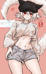 1girl alternate_costume animal_ears black_hat blush breasts closed_mouth commentary_request contemporary contrapposto cowboy_shot crop_top grey_shirt grey_shorts hair_between_eyes hat highres inubashiri_momiji long_sleeves looking_at_viewer medium_breasts midriff navel newsboy_cap pink_background red_eyes shirt short_hair short_shorts shorts smile solo soukou_(artist) tail touhou translation_request white_hair wolf_ears wolf_girl wolf_tail