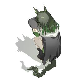 1girl arknights black_boots black_hair black_horns black_jacket boots cat_shadow_puppet_(meme) chinese_commentary commentary_request crossed_arms full_body green_hair highres horns jacket medium_hair meme mon3tr_(arknights) multicolored_hair screen9775 shadow simple_background sleeves_past_fingers sleeves_past_wrists solo squatting streaked_hair tail white_background