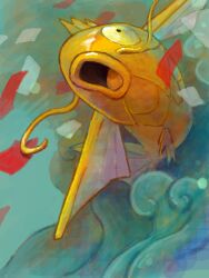 Rule 34 | alternate color, aqua background, color contrast, commentary, commentary request, confetti, d&amp;p, gen 1 pokemon, magikarp, nintendo, no humans, oekaki, open mouth, partial commentary, pokemon, pokemon (creature), pokemon focus, shiny pokemon, solo, waves
