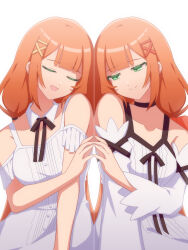 2girls :d ^_^ absurdres arm_support armpit_crease bare_shoulders black_bow black_bowtie black_choker blunt_bangs bow bowtie breasts buttons center_frills choker closed_eyes closed_mouth collarbone detached_collar detached_sleeves dress dual_persona frills green_eyes hair_ornament hair_ribbon half-closed_eyes highres kingdom_hearts kingdom_hearts_iv kingdom_hearts_x long_hair long_sleeves looking_at_viewer low_twintails multiple_girls open_mouth orange_hair orange_ribbon reflection ribbon sidelocks simple_background sitting smile strelitzia_(kingdom_hearts) twintails very_long_hair w3n6ev white_background white_dress x_hair_ornament