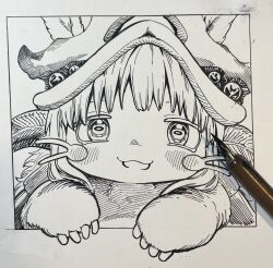 1other :3 absurdres art_tools_in_frame commentary_request furry greyscale hatching_(texture) helmet highres horizontal_pupils ink_(medium) looking_at_viewer made_in_abyss monochrome nanachi_(made_in_abyss) open_mouth outside_border reo_(salmomomon) smile solo traditional_media whiskers