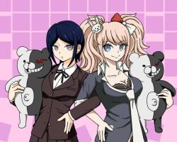 2girls 2others arm_up black_ribbon black_shirt blonde_hair blue_eyes bow bra breast_pocket breasts brown_coat brown_jacket brown_skirt cleavage coat collarbone danganronpa:_trigger_happy_havoc danganronpa_(series) danganronpa_3_(anime) enoshima_junko eyebrows_hidden_by_hair freckles grey_eyes hair_bow hair_ornament hand_up hands_on_own_hips holding holding_stuffed_animal holding_stuffed_toy ikusaba_mukuro jacket lace lace-trimmed_bra lace_trim large_breasts locked_arms long_hair long_sleeves looking_at_viewer medium_breasts medium_hair monokuma multicolored_background multicolored_bow multiple_girls multiple_others neck_ribbon necktie pale_skin partially_unbuttoned patterned_background pink_background pleated_skirt pocket purple_background rabbit_hair_ornament red_bow red_skirt ribbon shirt short_sleeves siblings simple_background sisters skirt smile stuffed_animal stuffed_toy teddy_bear torso twins twintails underwear upper_body white_bow white_neckwear white_shirt