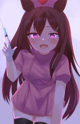 Rule 34 | 1girl, absurdres, alternate costume, black hair, blush, breasts, commentary, hair between eyes, hair ornament, hat, heart, heart-shaped pupils, highres, horse girl, kudo (user dzch8572), looking at viewer, medium breasts, mejiro dober (umamusume), nurse, nurse cap, open mouth, purple eyes, reaching, reaching towards viewer, simple background, solo, symbol-shaped pupils, syringe, thighhighs, umamusume, white background