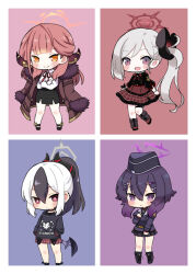 aru_(blue_archive) black_hair black_skirt blue_archive boots chibi coat coat_on_shoulders crossed_arms fur-trimmed_coat fur_trim grey_hair hair_ornament hairclip halo hands_in_pockets haruka_(blue_archive) hat hood hoodie horns jacket kayoko_(blue_archive) long_hair long_sleeves multicolored_hair multiple_girls mutsuki_(blue_archive) open_mouth orange_eyes pencil_skirt pleated_skirt ponytail problem_solver_68_(blue_archive) purple_eyes purple_hair red_eyes red_hair rikaon shirt side_ponytail single_wing skirt white_hair wings