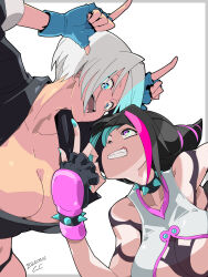 angel_(kof) backless_pants black_hair blue_eyes bra bracelet breasts chaps cleavage crop_top cropped_jacket drill_hair fingerless_gloves gloves hair_horns hair_over_one_eye halterneck han_juri highres horns_pose index_fingers_raised jacket jewelry large_breasts leather leather_jacket makokujira midriff multicolored_hair multiple_girls nail_polish navel panties pants purple_eyes short_hair smile snk spiked_bracelet spikes strapless strapless_bra street_fighter street_fighter_iv_(series) the_king_of_fighters the_king_of_fighters_xiv toned toned_female tongue underwear white_hair