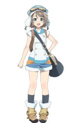 1girl :d black_socks blue_eyes blue_hat blue_shorts boots brown_boots brown_hair buttons double-breasted full_body genjitsu_no_yohane goggles goggles_on_headwear hand_on_own_hip hat highres love_live! love_live!_sunshine!! official_art open_mouth shirt short_hair short_shorts short_sleeves shorts simple_background smile socks solo standing tachi-e transparent_background watanabe_you white_shirt you_(genjitsu_no_yohane)