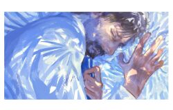Rule 34 | 1boy, beard, black hair, border, closed eyes, commentary, disco elysium, facial hair, hand on own chest, highres, holding, jean vicquemare, lying, male focus, on side, pdgdlmi, shirt, short hair, sleeping, solo, white border, white shirt