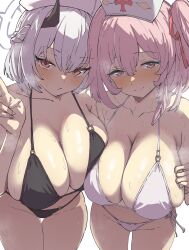 2girls absurdres alternate_breast_size alternate_costume asymmetrical_docking bare_shoulders bikini black_bikini blue_archive blush breast_press breasts closed_mouth collarbone commentary_request cowboy_shot halo hat highres horns large_breasts looking_at_viewer metsu_end multiple_girls navel nurse_cap pink_eyes pink_hair sena_(blue_archive) serina_(blue_archive) short_hair side-tie_bikini_bottom sideboob simple_background skindentation smile steam steaming_body sweat swimsuit symmetrical_docking white_background white_bikini white_hair yellow_eyes