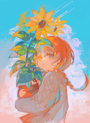 Rule 34 | 1girl, absurdres, blue eyes, braid, cloud, cloudy sky, flower, flower pot, grey sweater, heterochromia, highres, holding, holding flower pot, irodori warabi, looking at viewer, orange hair, original, sky, sunflower, sweater, upper body, yellow eyes