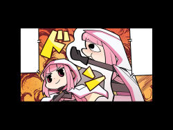 1girl black_border black_gloves black_shirt blunt_bangs bodystocking border chibi cloak closed_mouth crop_top crossed_arms dot_nose explosion floating_cape game_cg gloves gradient_background hair_through_hood hood hood_up hooded_cloak long_hair looking_ahead low_ponytail magia_record:_mahou_shoujo_madoka_magica_gaiden magical_girl mahou_shoujo_madoka_magica official_art orange_background oversized_object papa_(shimeguru) paper_cutout pink_eyes pink_hair ponytail shirt smile solo tamaki_iroha textless_version turtleneck turtleneck_shirt upper_body v-shaped_eyebrows very_long_hair white_cloak