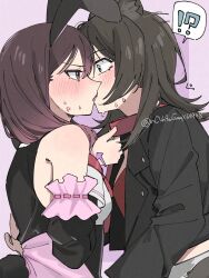 2girls adversarial_noise animal_ears arrow_(symbol) bang_dream! bang_dream!_it&#039;s_mygo!!!!! black_hair black_jacket blonde_hair blue_eyes blush brown_hair collar collar_tug commentary_request detached_sleeves eye_contact fake_animal_ears fake_tail french_kiss highres jacket juliet_sleeves kemonomimi_mode kiss long_sleeves looking_at_another medium_hair midriff_peek multiple_girls nanami_(nunnun_0410) official_alternate_costume open_clothes open_jacket puffy_sleeves purple_eyes rabbit_ears rabbit_tail red_collar red_shirt shiina_taki shirt sweat tail twitter_username upper_body wolf_ears wolf_girl yahata_umiri yuri