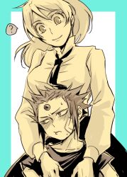 1boy 1girl ? bandage_on_face bandages black_necktie black_shirt blue_border blush border breasts child collarbone collared_shirt d.gray-man emilia_galmar floating_hair forehead_jewel frown gem hair_between_eyes hand_on_another&#039;s_shoulder high_ponytail large_breasts long_hair long_sleeves looking_at_another looking_down looking_to_the_side mature_female n_ptm necktie ponytail pout shirt short_hair short_sleeves sidelocks simple_background smile speech_bubble spiked_hair sweat sweatdrop timothy_hearst white_background yellow_theme