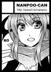 Rule 34 | 1girl, assassin cross (ragnarok online), circle cut, circle name, comiket 77, commentary request, copyright name, greyscale, head wings, looking at viewer, lowres, minamikaze natsu, monochrome, open mouth, ragnarok online, scarf, smile, solo, upper body, watermark, web address, wings