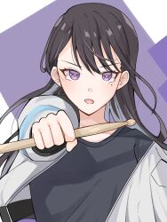Rule 34 | 1girl, bang dream!, bang dream! it&#039;s mygo!!!!!, black hair, black shirt, commentary request, earrings, highres, jacket, jewelry, long hair, mole, mole under eye, nanami (nunnun 0410), open clothes, open jacket, open mouth, purple eyes, shiina taki, shirt, single earring, solo, upper body, white jacket