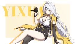 1girl absurdres asymmetrical_gloves bird bird_on_hand black_gloves black_thighhighs border character_name crossed_legs fingerless_gloves gloves highres hip_vent jacket long_hair luyue single_thighhigh solo thighhighs uneven_gloves white_border white_hair yellow_background yellow_jacket yi_xuan_(zenless_zone_zero) zenless_zone_zero