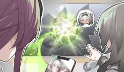 4girls black_hairband black_sailor_collar blush broken_glass closed_eyes eyewear_on_head firefly_(honkai:_star_rail) firefly_(spring_missive)_(honkai:_star_rail) glass gradient_hair grey_hair hair_between_eyes hair_intakes hair_ornament hairband honkai:_star_rail honkai_(series) itame_moyashi kafka_(honkai:_star_rail) multicolored_hair multiple_girls open_mouth purple_eyes purple_hair round_eyewear sailor_collar silver_wolf_(honkai:_star_rail) stelle_(honkai:_star_rail) sunglasses sweatdrop tinted_eyewear trailblazer_(honkai:_star_rail) v