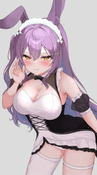 1girl absurdres animal_ears asymmetrical_legwear bare_shoulders black_bow black_bowtie blush bow bowtie breasts cleavage detached_collar dress eikawa_suru fishnet_thighhighs fishnets highres large_breasts long_hair looking_at_viewer maid_headdress mole mole_on_breast original panties puffy_short_sleeves puffy_sleeves purple_hair rabbit_ears short_sleeves smile solo thighhighs tongue tongue_out two-tone_dress underwear white_panties white_thighhighs yellow_eyes