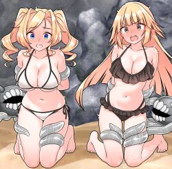 Rule 34 | absurdres, beach, bikini, black bikini, blonde hair, blue eyes, blush, breasts, brooklyn (kancolle), brooklyn (swimsuit) (kancolle), cleavage, collarbone, day, drill hair, enemy naval mine (kancolle), flower, frilled bikini, frills, furaggu (frag 0416), hair flower, hair ornament, highres, honolulu (kancolle), honolulu (swimsuit) (kancolle), kantai collection, large breasts, long hair, navel, official alternate costume, outdoors, red eyes, restrained, rock, sand, string bikini, swimsuit, twin drills, twintails, white bikini, white flower