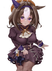 Rule 34 | 1girl, @ @, ahoge, animal ears, beret, breasts, brown hair, commentary request, dress, hair between eyes, halloween costume, hat, headband, highres, horse ears, horse girl, large breasts, long sleeves, looking at viewer, meisho doto (dot-o&#039;-lantern) (umamusume), meisho doto (umamusume), multicolored hair, official alternate costume, pantyhose, puffy sleeves, purple dress, purple eyes, simple background, solo, streaked hair, umainu 2002, umamusume, white background, white hair