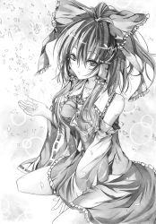 1girl absurdres ascot bare_shoulders bow breasts detached_sleeves female_focus graphite_(medium) greyscale hair_bow hair_tubes hakurei_reimu highres japanese_clothes miko monochrome rinsu sitting solo touhou traditional_media