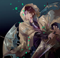 1boy black_shirt blood blood_on_clothes blood_on_face brown_cloak brown_hair cloak collared_shirt cowboy_shot e.g.o_(project_moon) heathcliff_(project_moon) highres holding holding_umbrella hood hooded_cloak ko_bammm limbus_company looking_at_viewer parted_bangs parted_lips project_moon purple_eyes shirt short_hair solo sunshower_(e.g.o) technology_liberation_alliance_(identity)_(project_moon) umbrella