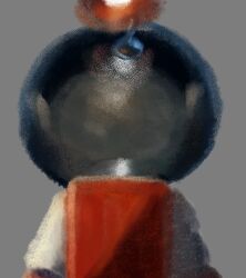 1boy backpack bag brown_hair commentary_request from_behind gloves grey_background helmet highres iat-418 male_focus nintendo olimar pikmin_(series) pointy_ears radio_antenna red_bag red_gloves short_hair simple_background solo space_helmet spacesuit upper_body very_short_hair