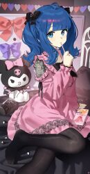 absurdres alternate_costume alternate_hairstyle arm_support black_bow black_pantyhose blanket blue_eyes blue_hair bow commentary_request dress food food_in_mouth hair_bow highres holding holding_food indoors jewelry jirai_kei kuromi long_sleeves make_heroine_ga_oo_sugiru! on_bed pantyhose pill pink_dress pocky pocky_in_mouth puffy_long_sleeves puffy_sleeves ring sanrio soles songchuan_li stuffed_toy twintails yanami_anna