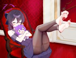1girl barefoot black_hair blue_archive blush candy casley chair chocolate chocolate_heart closed_eyes feet feet_up food fruit haruka_(blue_archive) haruka_(dress)_(blue_archive) heart highres licking_foot long_hair looking_at_viewer open_mouth panties panties_under_pantyhose pantyhose pantyshot soles strawberry toes tongue torn_clothes torn_pantyhose underwear whipped_cream