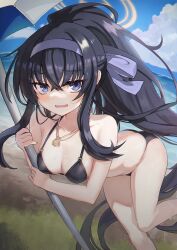 1girl ass bare_arms bare_shoulders beach beach_umbrella bikini black_bikini black_hair blue_archive blue_eyes blue_hairband blue_ribbon blush breasts butt_crack cleavage cloud collarbone commentary covered_erect_nipples crossed_bangs day eyelashes eyes_visible_through_hair feet_out_of_frame floating_hair hair_between_eyes hair_ribbon hairband halo highres holding holding_umbrella jewelry knees_together_feet_apart leaning_forward long_hair looking_at_viewer medium_breasts ocean official_alternate_costume official_alternate_hairstyle open_mouth outdoors pendant ponytail ribbon seozo sidelocks smile solo standing standing_on_one_leg swimsuit thighs ui_(blue_archive) ui_(swimsuit)_(blue_archive) umbrella very_long_hair yellow_halo