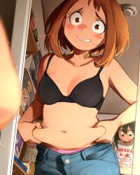 2girls absurdres asui_tsuyu bakugou_katsuki bandaid bandaid_on_neck bare_arms bare_shoulders belly belly_grab black_bra blush_stickers boku_no_hero_academia bra brown_eyes brown_hair clothes_writing commentary denim english_commentary grin highres indoors jeans khyle. looking_at_viewer midnight_(boku_no_hero_academia) mirror mirror_image muffin_top multiple_girls navel pants shirt short_hair smile stomach underwear upper_body uraraka_ochako weight_conscious white_shirt