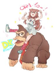 1boy 1girl :3 all_fours animal_collar animal_ears ape arms_up blush breasts brown_fur brown_hair carrying character_name cleavage clenched_hand collar commentary_request crossover dog_ears dog_girl dog_tail donkey_kong donkey_kong_(series) dot_nose double-parted_bangs dress epicrodmad full_body hair_over_shoulder highres hololive inugami_korone inugami_korone_(1st_costume) large_breasts long_hair looking_at_another looking_back loose_socks motion_lines necktie nintendo open_mouth pink_socks red_collar red_necktie shoes short_dress shoulder_carry sleeveless sleeveless_dress small_sweatdrop smile socks tail teeth upper_teeth_only virtual_youtuber white_background white_dress white_shoes yellow_eyes