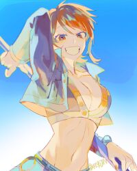 1girl arm_up blue_jacket blue_sky breasts cleavage clenched_teeth clima-tact collarbone commentary crop_top cropped_jacket gradient_background grin groin holding holding_staff jacket log_pose long_sleeves looking_at_viewer medium_breasts midriff nami_(one_piece) nami_(one_piece)_(enies_lobby) navel official_alternate_costume one_piece open_clothes open_jacket open_shirt orange_eyes orange_hair orange_nails senzzang short_hair single_sidelock skirt sky smile solo staff teeth twitter_username upper_body