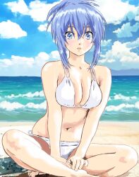 1girl :o bare_arms bare_shoulders beach bikini blue_eyes blue_hair blue_sky breasts cleavage cloud collarbone crossed_bangs highres indian_style kampfer light_blue_hair medium_breasts mizumori_keiichi navel ocean open_mouth outdoors sand senou_natsuru short_hair side-tie_bikini_bottom sitting sky solo swimsuit water white_bikini