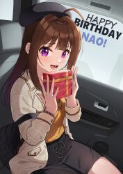 1girl brown_hair car_interior hair_down happy_birthday highres idolmaster idolmaster_million_live! idolmaster_million_live!_theater_days kamille_(vcx68) open_mouth private_dress_(idolmaster_million_live!) purple_eyes sitting smile solo yokoyama_nao