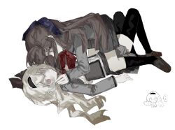 Rule 34 | 2girls, black hairband, black thighhighs, blonde hair, blush, bow, bowtie, brown footwear, brown hair, grey jacket, grey skirt, hairband, highres, jacket, kaeranllll, lcl, loafers, long hair, long sleeves, looking at another, multiple girls, pinned, pleated skirt, purple eyes, red bow, red bowtie, saijou claudine, seishou music academy uniform, shoes, shoujo kageki revue starlight, simple background, skirt, smile, straddling, sweatdrop, tendou maya, thighhighs, white background, yuri