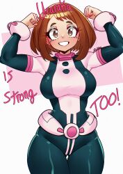 1girl absurdres bodysuit boku_no_hero_academia breasts brown_eyes brown_hair flexing fukou highres large_breasts looking_at_viewer short_hair smile solo uraraka_ochaco