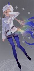 1boy absurdres belt black_shorts blue_feathers blue_pantyhose brown_hair buttons captain_nemo_(fate) captain_nemo_(first_ascension)_(fate) closed_mouth covering_one_eye fate/grand_order fate_(series) feathers full_body gradient_hair grey_eyes hat_feather highres jacket kujiraoka long_hair long_sleeves male_focus multicolored_hair navy nemo_(fate) pantyhose ripples shorts simple_background solo sparkle trap turban twintails very_long_hair white_jacket