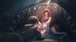 Rule 34 | 1boy, 1girl, black hoodie, black pants, black shirt, blood, blood on arm, blood on clothes, brown hair, death, dress, eyepatch, highres, holding, holding staff, hood, hoodie, hwa ryun, long hair, lying, monster, on stomach, one eye covered, outstretched arm, pants, parted lips, partially shaded face, pink dress, red eyes, red hair, shadow, shancunyinian, sharp teeth, shirt, short hair, staff, teeth, tongue, tongue out, torn clothes, torn shirt, tower of god, twenty-fifth bam, underlighting