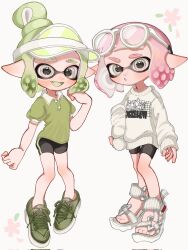 Rule 34 | 2girls, :o, bike shorts, black shorts, collared shirt, commentary request, double bun, eyewear on head, fang, flower symbol, full body, green footwear, green hair, green headwear, green shirt, grey eyes, hair bun, hand on own hip, highres, inkling, inkling girl, inkling player character, lemo (lemo 4), long sleeves, multiple girls, nintendo, open mouth, pink hair, polo shirt, sandals, shirt, short hair, short sleeves, shorts, splatoon (series), sports sandals, sweater, tentacle hair, visor cap, white-framed eyewear, white background, white footwear, white sweater