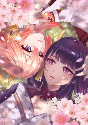 2girls animal_ears bare_shoulders blunt_bangs braid cherry_blossoms closed_mouth collarbone commentary_request day detached_sleeves earrings fingernails flower fox_ears fox_girl gem genshin_impact gold_earrings grass hair_ornament hand_on_another&#039;s_head headpiece highres japanese_clothes jewelry kimono lips long_fingernails long_hair long_sleeves looking_at_another lying mikunyanillust mole mole_under_eye multiple_girls nail_polish neck_ribbon off_shoulder on_back on_side open_mouth outdoors petals pink_flower pink_hair pink_nails purple_eyes purple_gemstone purple_hair purple_kimono purple_ribbon raiden_shogun ribbon shadow shirt sidelocks sleeveless sleeveless_shirt smile tassel tassel_hair_ornament turtleneck turtleneck_shirt upper_body white_shirt white_sleeves wide_sleeves yae_miko yuri