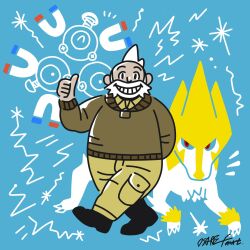beard facial_hair gen_1_pokemon gen_3_pokemon long_sleeves looking_at_viewer magneton manectric nintendo osare_graffiti pokemon pokemon_(creature) smile thumbs_up wattson_(pokemon) white_hair