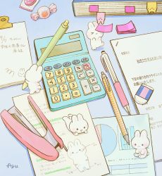 &gt;_&lt; :&lt; ayu_(mog) black_eyes blush rabbit calculator candy_wrapper commentary_request eraser from_above graph holding holding_pen notepad original paper pen stapler sticky_note translation_request