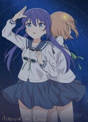 2girls arm_up binoculars blue_eyes blue_hair blue_sailor_collar collarbone copyright_name english_text feet_out_of_frame female_focus hair_between_eyes hair_ornament highres holding holding_binoculars koisuru_asteroid konohata_mira legs long_hair long_sleeves manaka_ao medium_hair multiple_girls night night_sky open_mouth orange_hair outdoors qb_(qb46311027) sailor_collar school_uniform serafuku skirt sky smile standing star_(symbol) star_hair_ornament twintails