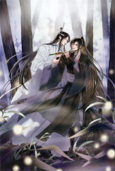 2boys absurdres ahoge bishounen black_boots black_hair black_hanfu boots chinese_clothes dizi eye_contact fireflies floating_hair flute forest full_body grass grey_pants hair_ornament hair_ribbon hanfu headband high_ponytail highres holding holding_another&#039;s_wrist holding_flute holding_instrument instrument lan_wangji light_particles long_hair long_sleeves looking_at_another male_focus mg_ms_dayo modao_zushi multiple_boys music nature official_art open_mouth outdoors pants parted_lips plant playing_flute playing_instrument ponytail purple_eyes red_ribbon ribbon robe sidelocks smile standing tassel tassel_hair_ornament third-party_source topknot transverse_flute tree very_long_hair wei_wuxian white_boots white_hanfu white_headband wide_sleeves xiao_guan_(headdress) yaoi yaopei yellow_eyes